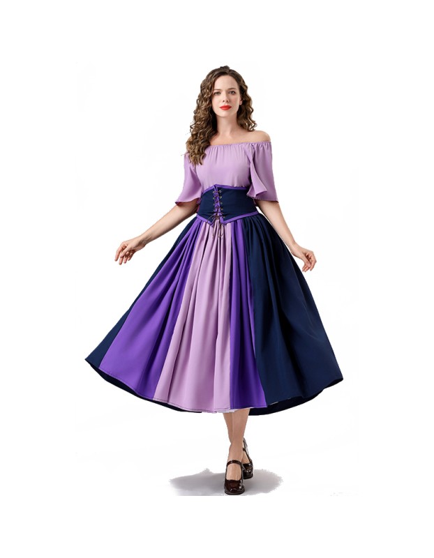Vintage Dress Color Contrast Patchwork One-line Shoulder Gown Skirt Pompadour Dress YM0819