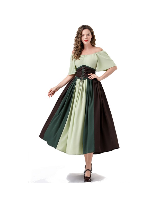 Vintage Dress Color Contrast Patchwork One-line Shoulder Gown Skirt Pompadour Dress YM0819