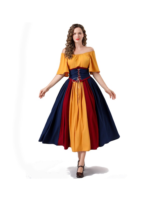 Vintage Dress Color Contrast Patchwork One-line Shoulder Gown Skirt Pompadour Dress YM0819