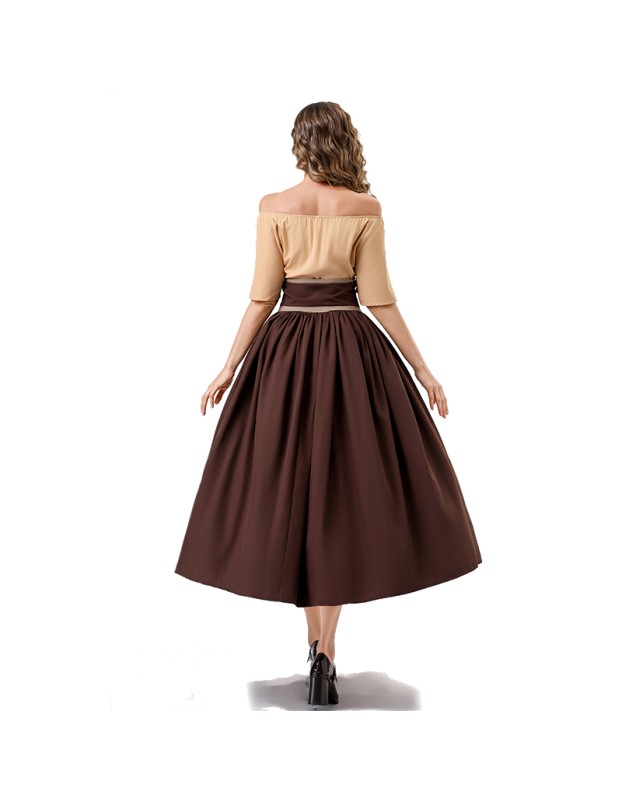 Vintage Dress Color Contrast Patchwork One-line Shoulder Gown Skirt Pompadour Dress YM0819