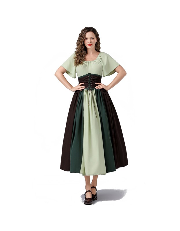 Vintage Dress Color Contrast Patchwork One-line Shoulder Gown Skirt Pompadour Dress YM0819