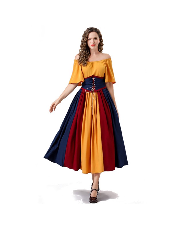Vintage Dress Color Contrast Patchwork One-line Shoulder Gown Skirt Pompadour Dress YM0819