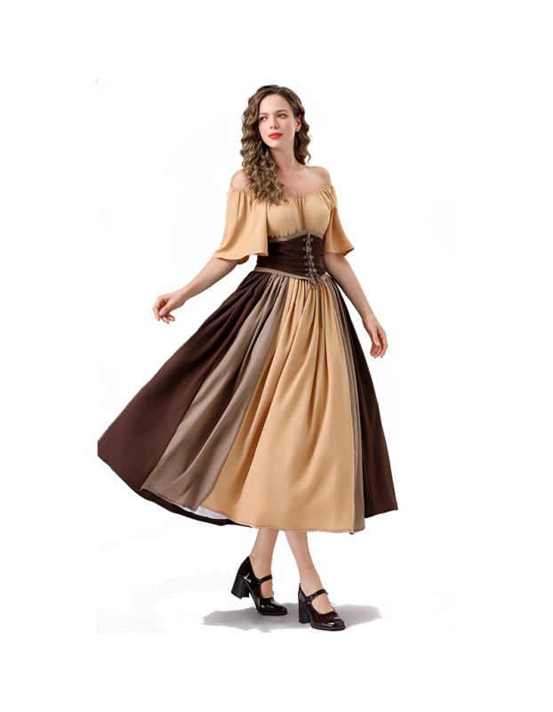 Vintage Dress Color Contrast Patchwork One-line Shoulder Gown Skirt Pompadour Dress YM0819
