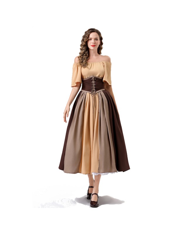 Vintage Dress Color Contrast Patchwork One-line Shoulder Gown Skirt Pompadour Dress YM0819