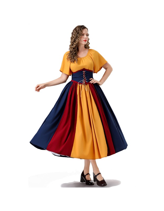 Vintage Dress Color Contrast Patchwork One-line Shoulder Gown Skirt Pompadour Dress YM0819