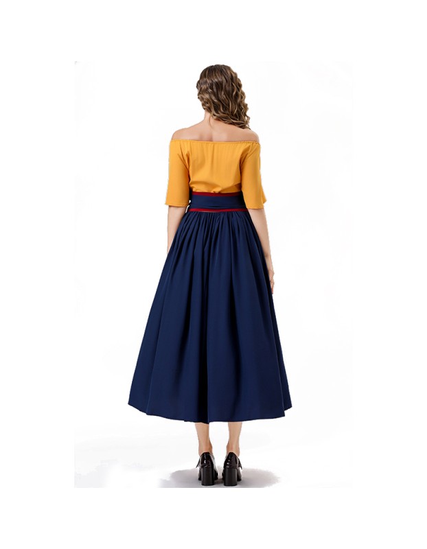 Vintage Dress Color Contrast Patchwork One-line Shoulder Gown Skirt Pompadour Dress YM0819