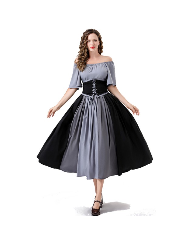 Vintage Dress Color Contrast Patchwork One-line Shoulder Gown Skirt Pompadour Dress YM0819
