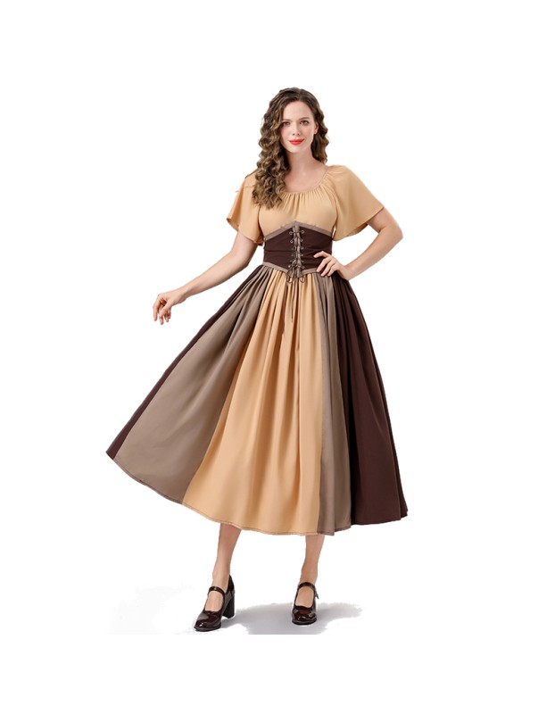 Vintage Dress Color Contrast Patchwork One-line Shoulder Gown Skirt Pompadour Dress YM0819