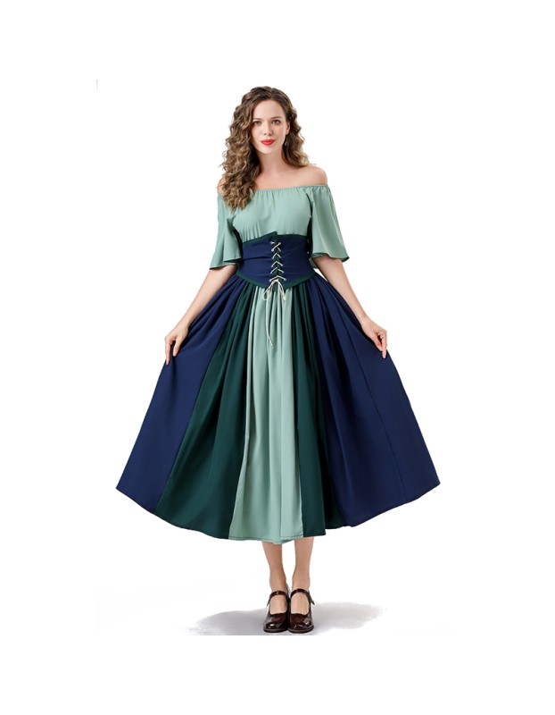 Vintage Dress Color Contrast Patchwork One-line Shoulder Gown Skirt Pompadour Dress YM0819