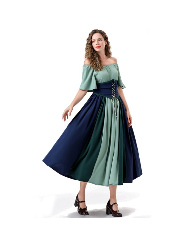 Vintage Dress Color Contrast Patchwork One-line Shoulder Gown Skirt Pompadour Dress YM0819