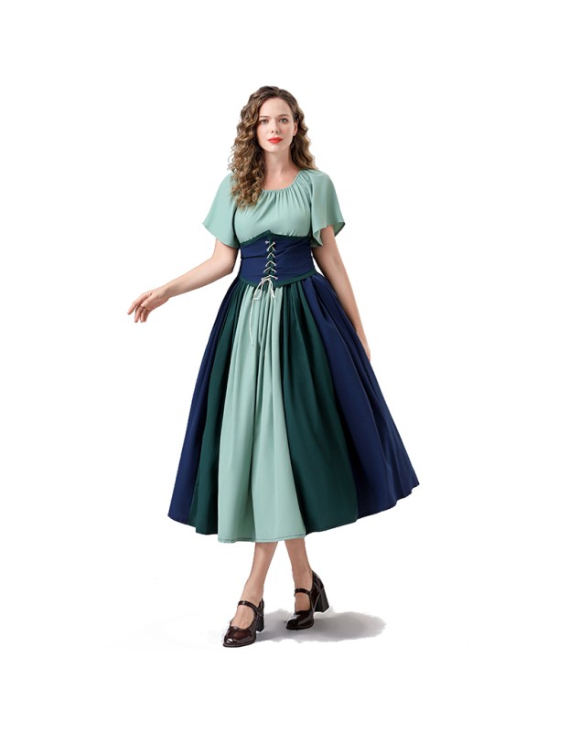 Vintage Dress Color Contrast Patchwork One-line Shoulder Gown Skirt Pompadour Dress YM0819