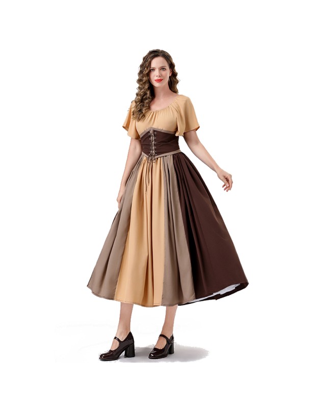 Vintage Dress Color Contrast Patchwork One-line Shoulder Gown Skirt Pompadour Dress YM0819