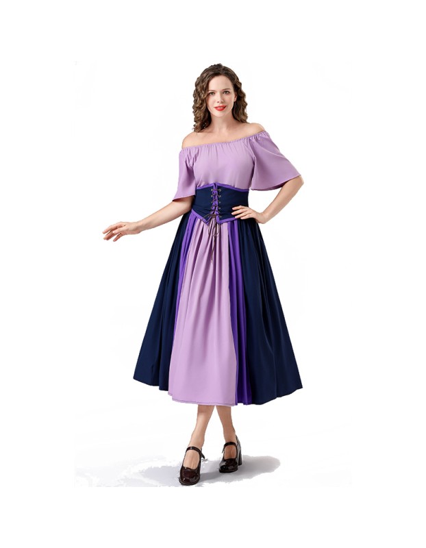 Vintage Dress Color Contrast Patchwork One-line Shoulder Gown Skirt Pompadour Dress YM0819