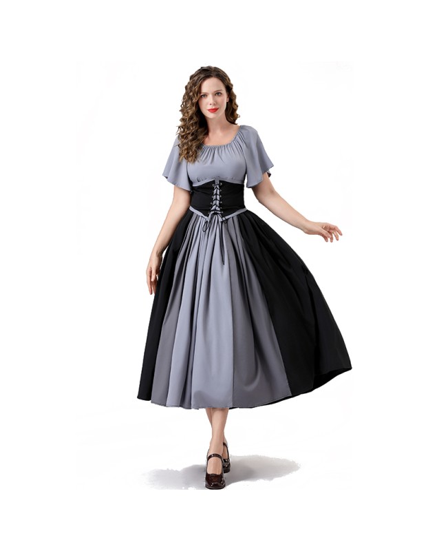 Vintage Dress Color Contrast Patchwork One-line Shoulder Gown Skirt Pompadour Dress YM0819
