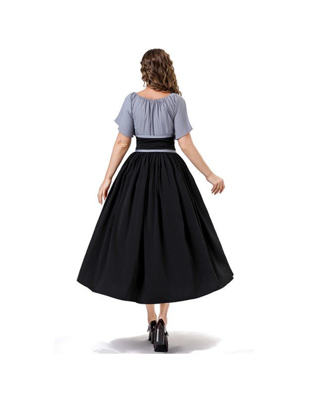 Vintage Dress Color Contrast Patchwork One-line Shoulder Gown Skirt Pompadour Dress YM0819