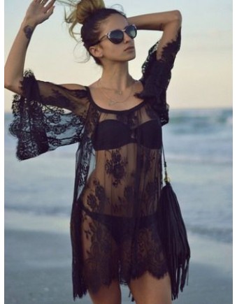 Sexy Floral Lace Open Shoulder Cover-up M5422