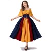 Vintage Dress Color Contrast Patchwork One-line Shoulder Gown Skirt Pompadour Dress YM0819