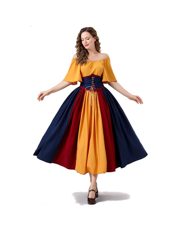 Vintage Dress Color Contrast Patchwork One-line Shoulder Gown Skirt Pompadour Dress YM0819