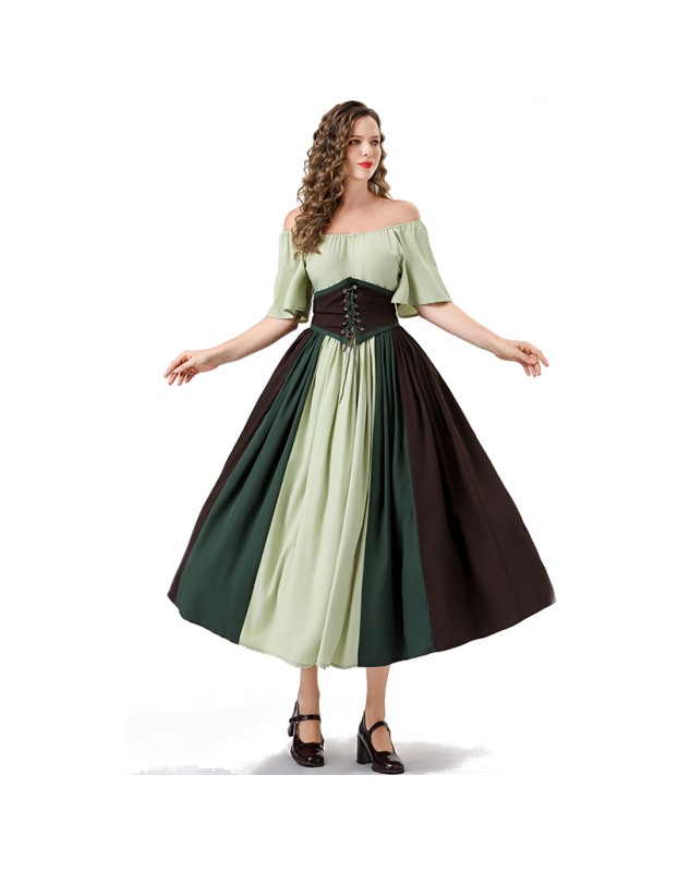 Vintage Dress Color Contrast Patchwork One-line Shoulder Gown Skirt Pompadour Dress YM0819
