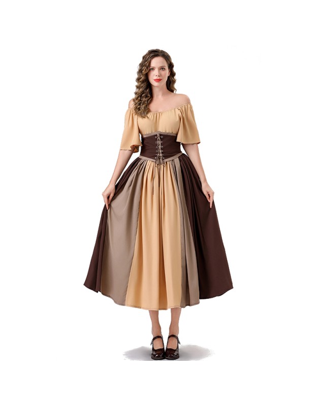 Vintage Dress Color Contrast Patchwork One-line Shoulder Gown Skirt Pompadour Dress YM0819
