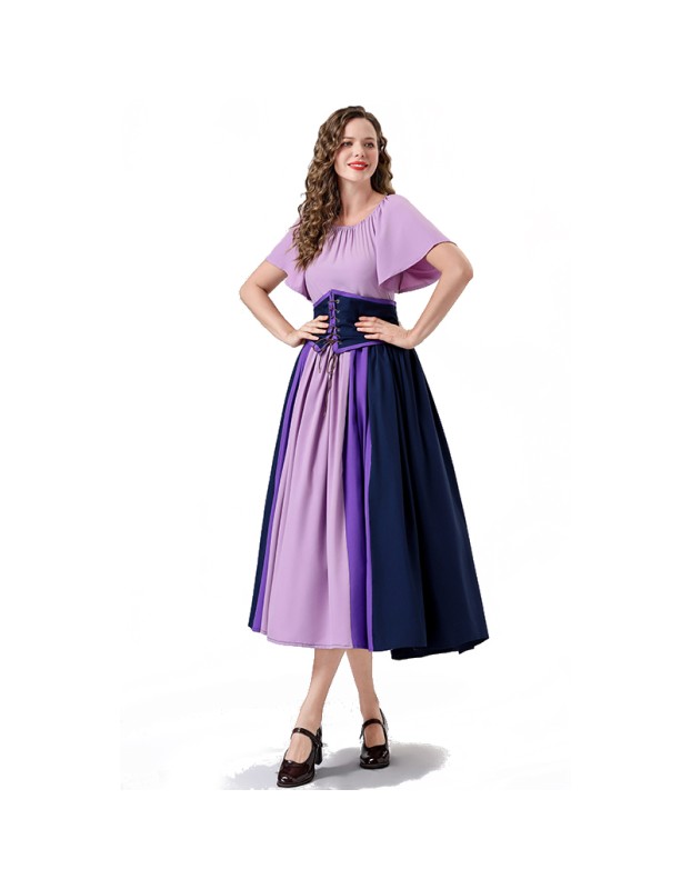 Vintage Dress Color Contrast Patchwork One-line Shoulder Gown Skirt Pompadour Dress YM0819