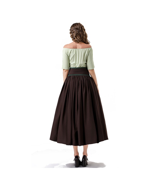 Vintage Dress Color Contrast Patchwork One-line Shoulder Gown Skirt Pompadour Dress YM0819
