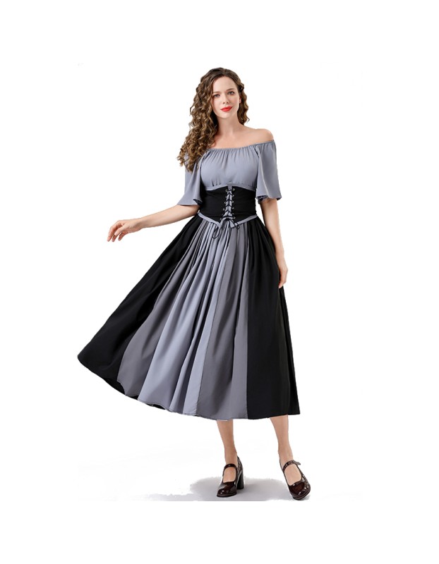 Vintage Dress Color Contrast Patchwork One-line Shoulder Gown Skirt Pompadour Dress YM0819