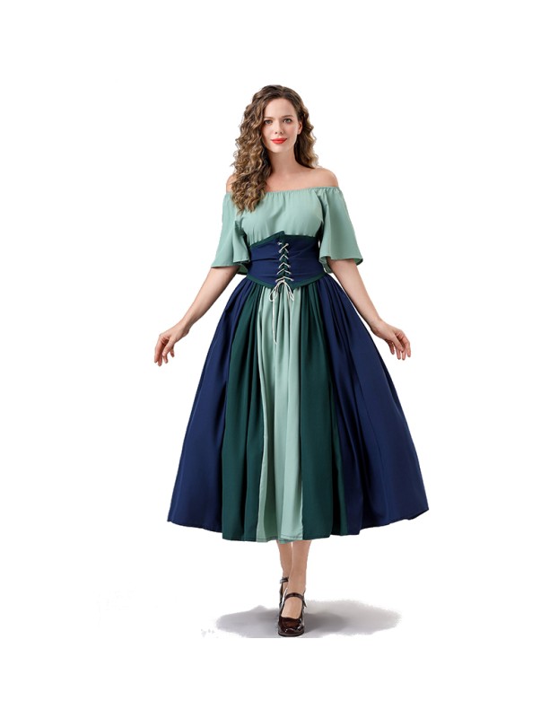 Vintage Dress Color Contrast Patchwork One-line Shoulder Gown Skirt Pompadour Dress YM0819