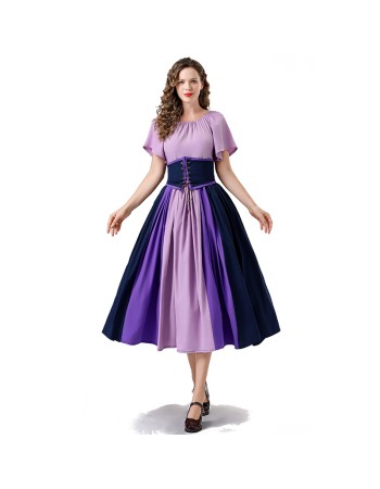 Vintage Dress Color Contrast Patchwork One-line Shoulder Gown Skirt Pompadour Dress YM0819