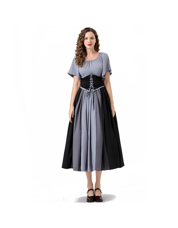 Vintage Dress Color Contrast Patchwork One-line Shoulder Gown Skirt Pompadour Dress YM0819