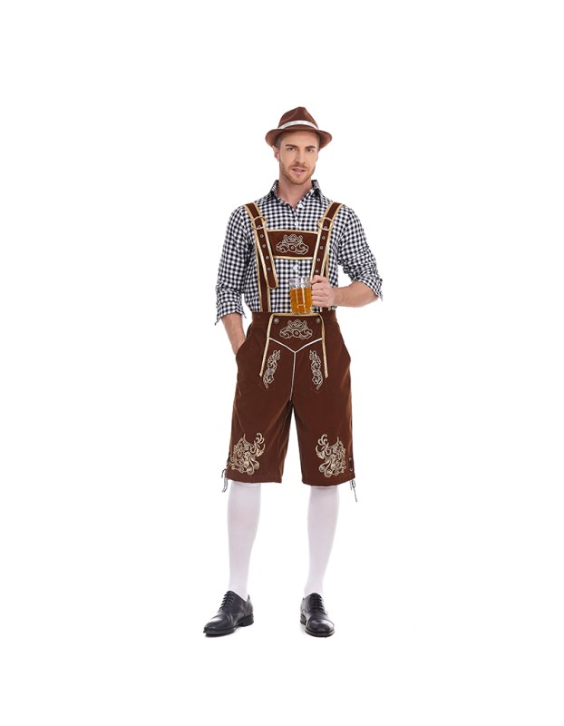 German Traditional Oktoberfest Plaid Shirt Men Beer Suspender Suit Costume YM3645