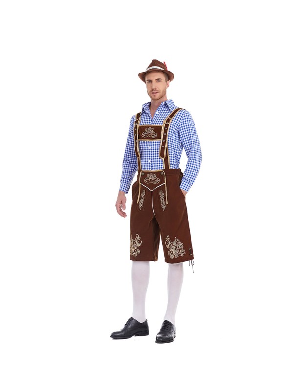 German Traditional Oktoberfest Plaid Shirt Men Beer Suspender Suit Costume YM3645