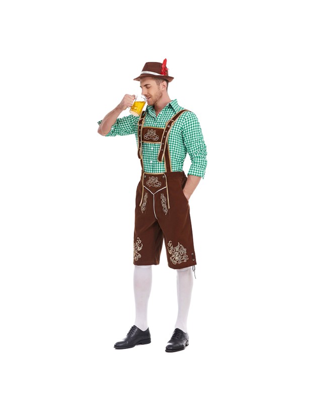 German Traditional Oktoberfest Plaid Shirt Men Beer Suspender Suit Costume YM3645