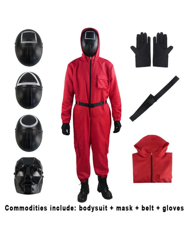 Adult Squid Game Villain Red Jumpsuit Halloween Cosplay Costume Round Six Square Masks Outfits