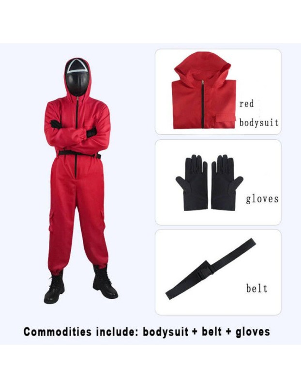Adult Squid Game Villain Red Jumpsuit Halloween Cosplay Costume Round Six Square Masks Outfits