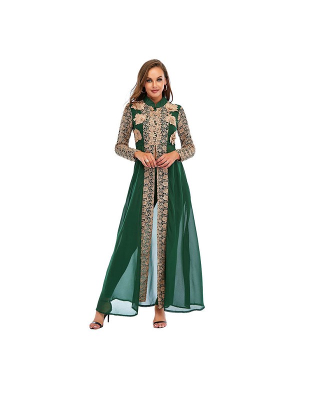 Chiffon Small Stand Collar Lace Long Sleeved Two Piece Suit Floral Print Dress 0952