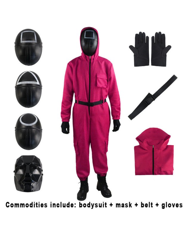 Adult Squid Game Villain Red Jumpsuit Halloween Cosplay Costume Round Six Square Masks Outfits