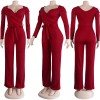 Womens Solid Sexy Deep V Neck Full Sleeve Jumpsuits Belt M9202