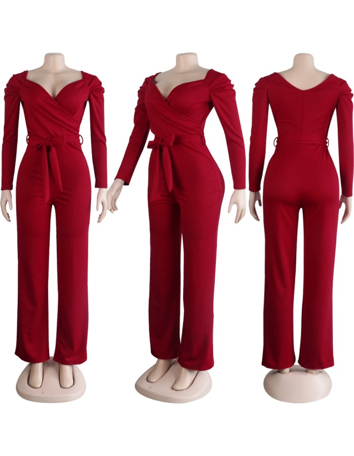 Womens Solid Sexy Deep V Neck Full Sleeve Jumpsuits Belt M9202