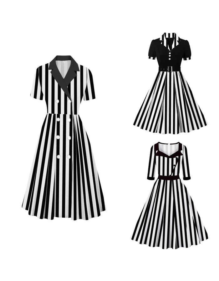 Striped Underworld Suit Slim Fit Collar Short Sleeved Cosplay Mage Costume Swing Dress MX5173 MX8228 MX8395