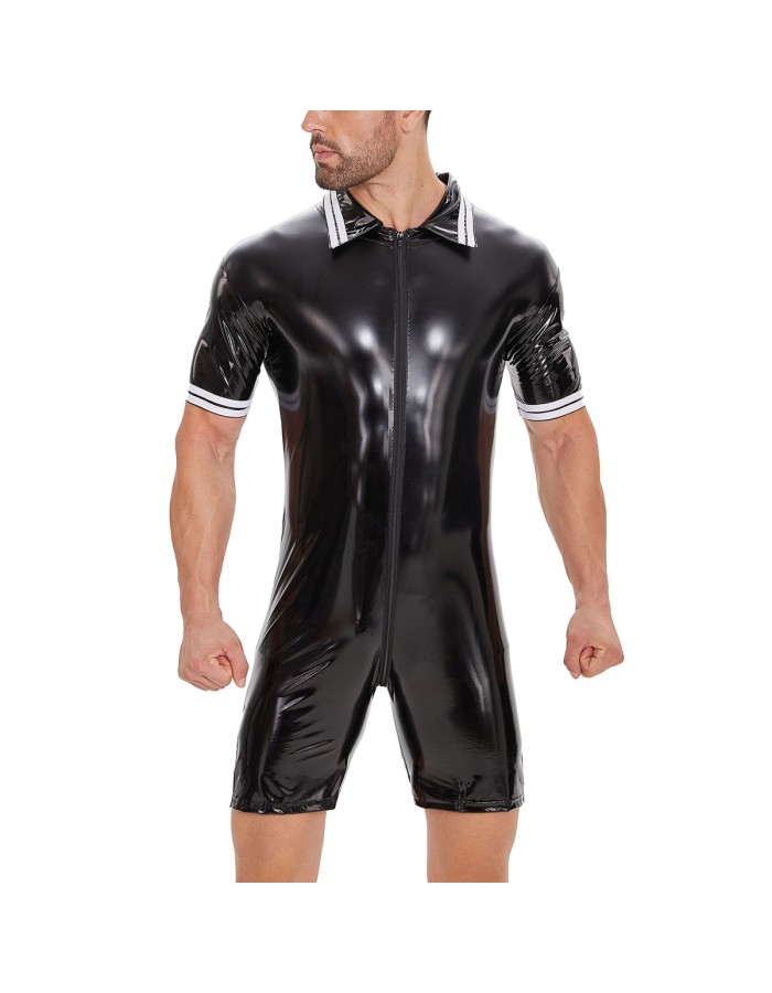 Plus Size Bodysuit Short Sleeve Men's PVC Bright Sexy Shorts Zipper Open Leather Jumpsuit SX0112