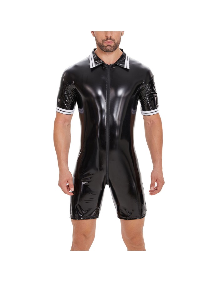 Plus Size Bodysuit Short Sleeve Men's PVC Bright Sexy Shorts Zipper Open Leather Jumpsuit SX0112