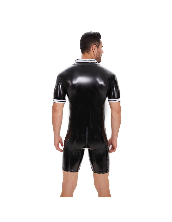 Plus Size Bodysuit Short Sleeve Men's PVC Bright Sexy Shorts Zipper Open Leather Jumpsuit SX0112