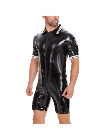 Plus Size Bodysuit Short Sleeve Men's PVC Bright Sexy Shorts Zipper Open Leather Jumpsuit SX0112