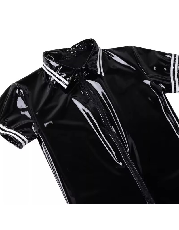 Plus Size Bodysuit Short Sleeve Men's PVC Bright Sexy Shorts Zipper Open Leather Jumpsuit SX0112