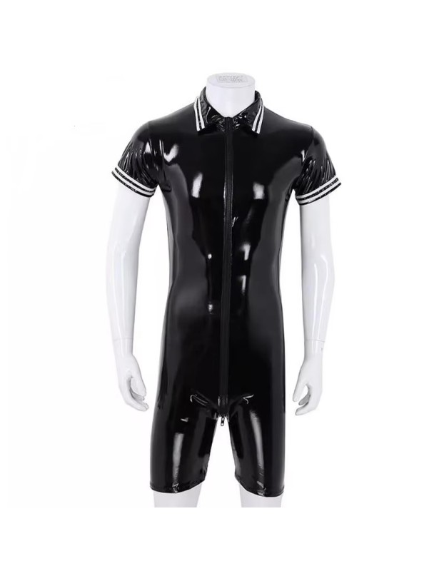Plus Size Bodysuit Short Sleeve Men's PVC Bright Sexy Shorts Zipper Open Leather Jumpsuit SX0112
