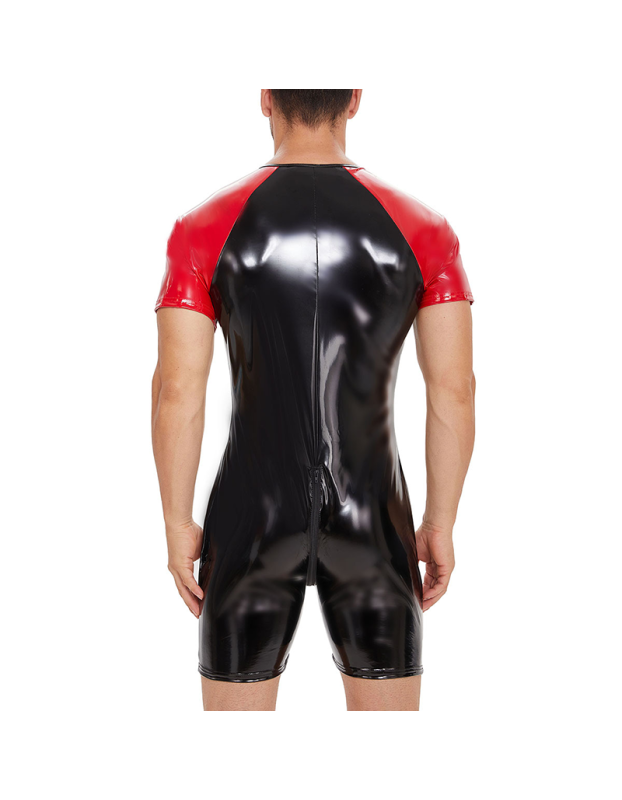 Zipper Men PVC Jumpsuit Short Sleeve Bright Leather Bodysuit Sexy Slim Fit Tight Black Onesie  SX0069