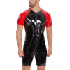 Zipper Men PVC Jumpsuit Short Sleeve Bright Leather Bodysuit Sexy Slim Fit Tight Black Onesie  SX0069