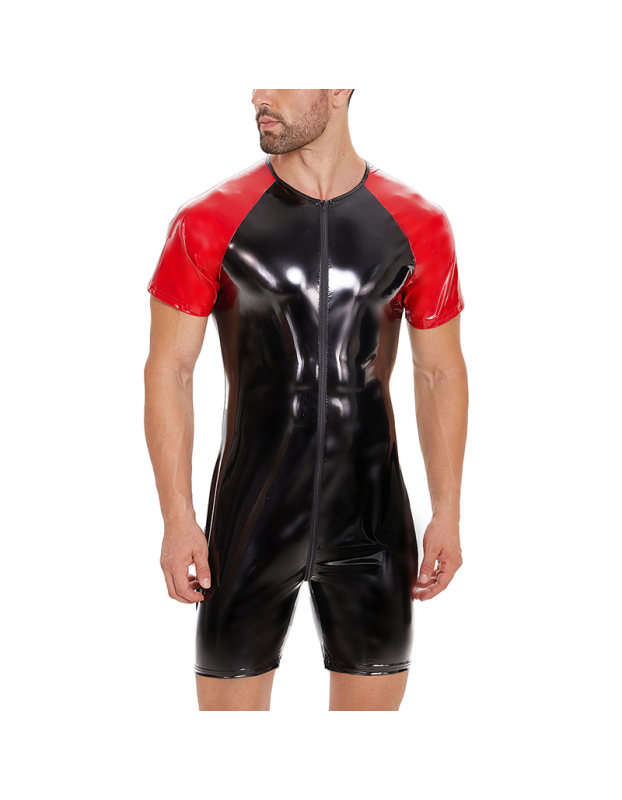 Zipper Men PVC Jumpsuit Short Sleeve Bright Leather Bodysuit Sexy Slim Fit Tight Black Onesie  SX0069