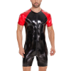 Zipper Men PVC Jumpsuit Short Sleeve Bright Leather Bodysuit Sexy Slim Fit Tight Black Onesie  SX0069